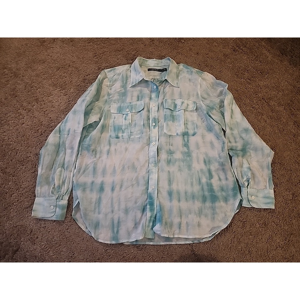 Lauren Ralph Lauren Womens Large Blue Tie Dye Sheer Long Sleeve Silk Blend Top